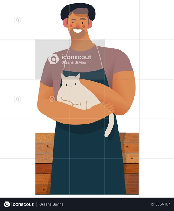 Cafe Owner holding cat in hand  Illustration