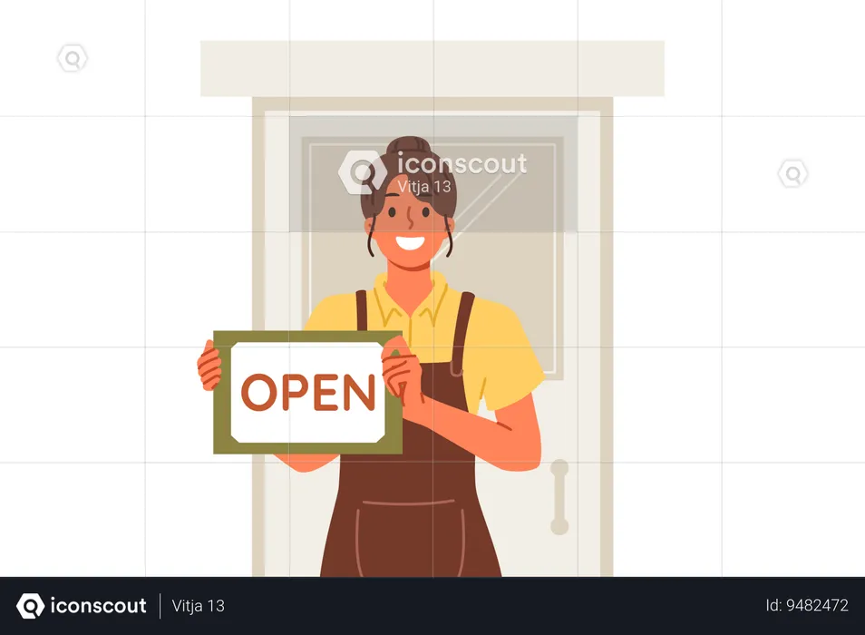 Cafe owner stands with open signboard  Illustration