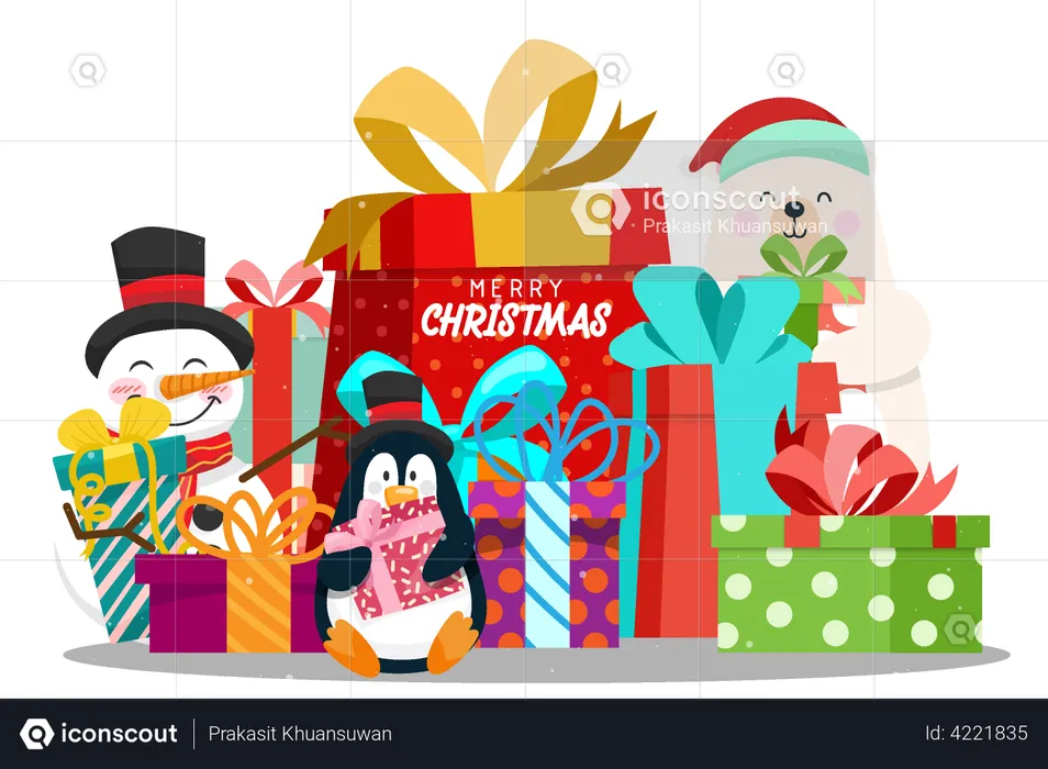Caixa de presente de feliz natal com boneco de neve e animal  Ilustração