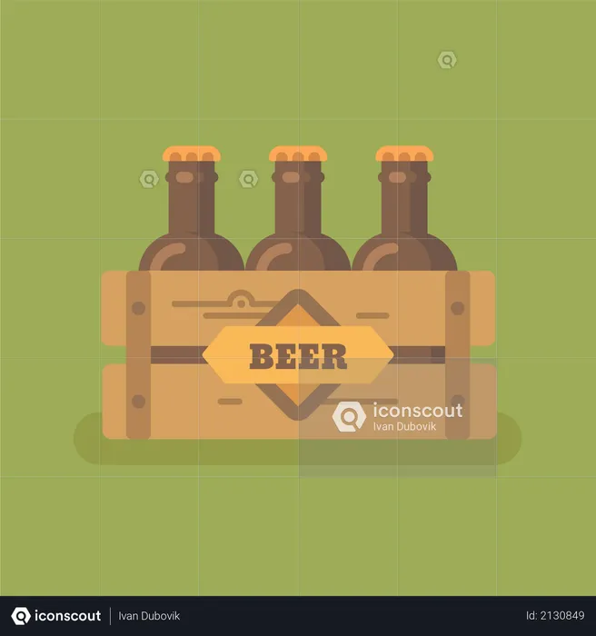 Caja de cerveza con tres botellas de cerveza.  Ilustración