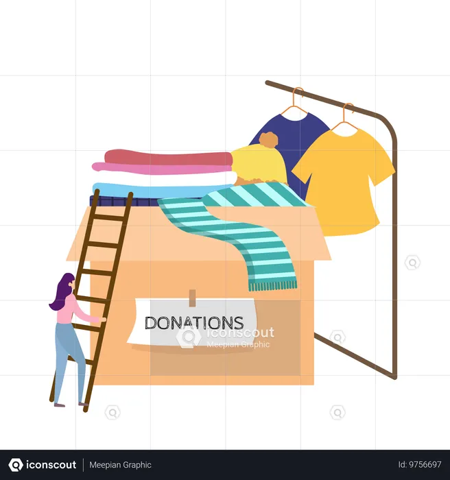 Caja de donaciones con ropa y escalera para subir voluntarios  Ilustración