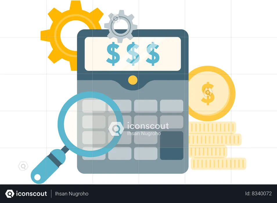 Calculator and magnifying glass  Illustration