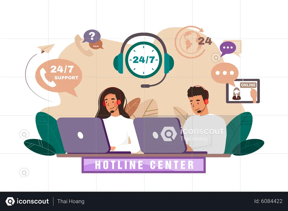 Call center agent with headset working on support hotline  Illustration