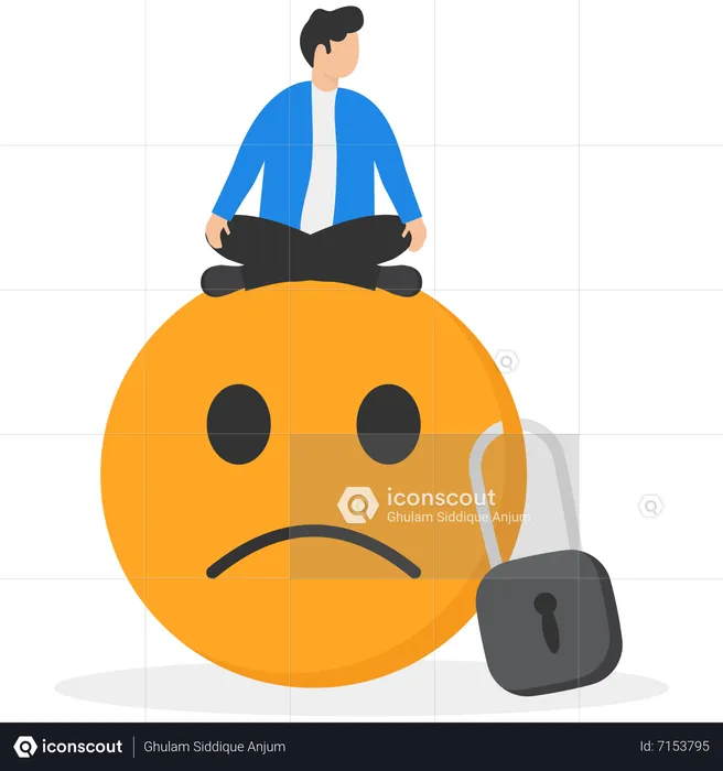Calm businessman meditating on a frowning face that is being padlocked  Illustration