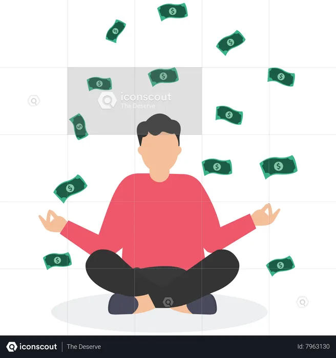 Calm businessman meditating with falling money banknotes income  Illustration