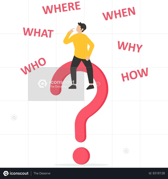 Calm businessman on large question mark thinking of who what where when why and how  Illustration