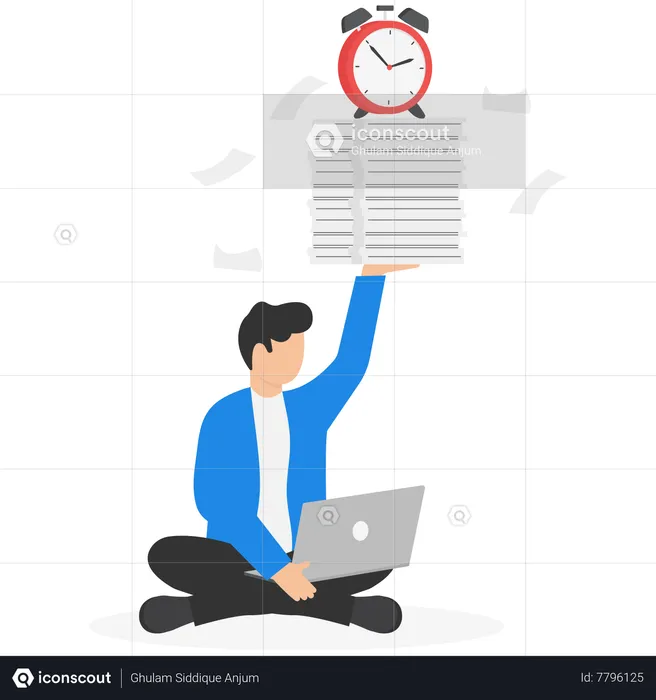 Calm confident businessman working with laptop while carrying load of paperwork  Illustration