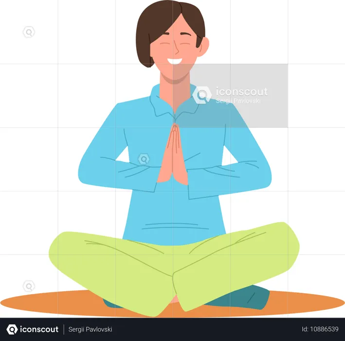 Calm smiling man meditating sitting in lotus position holding hands in Namaste  Illustration