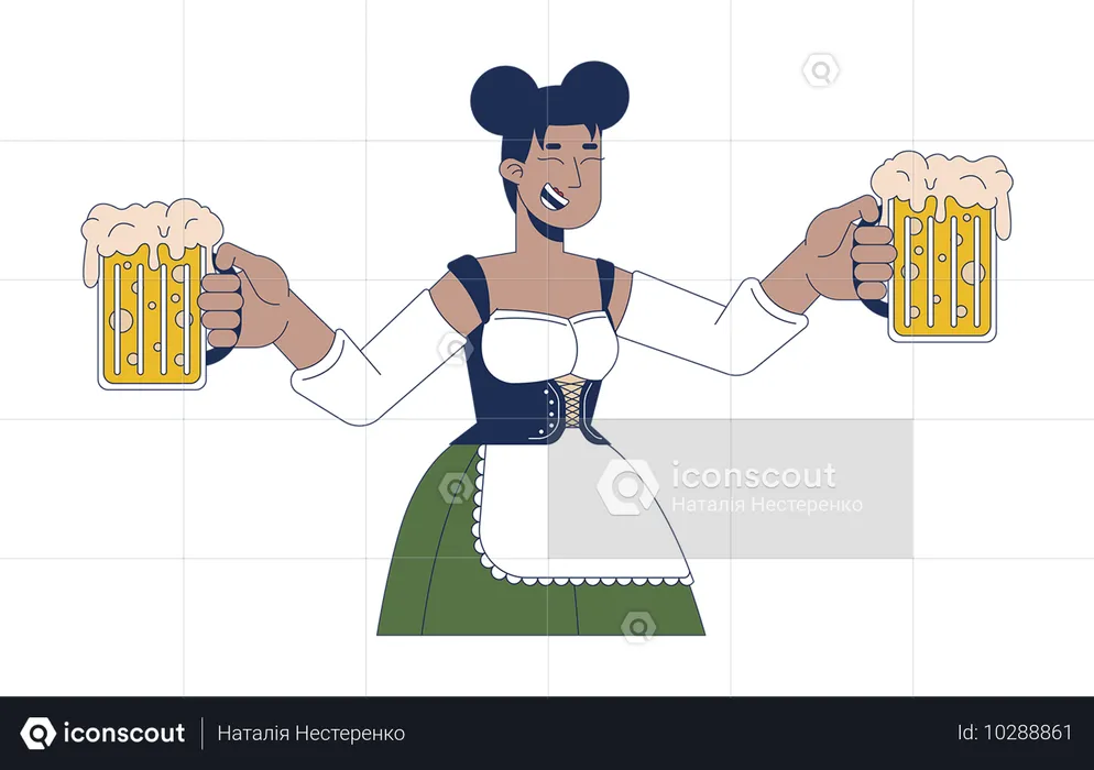 Camarera negra sirviendo cerveza en el Oktoberfest  Ilustración