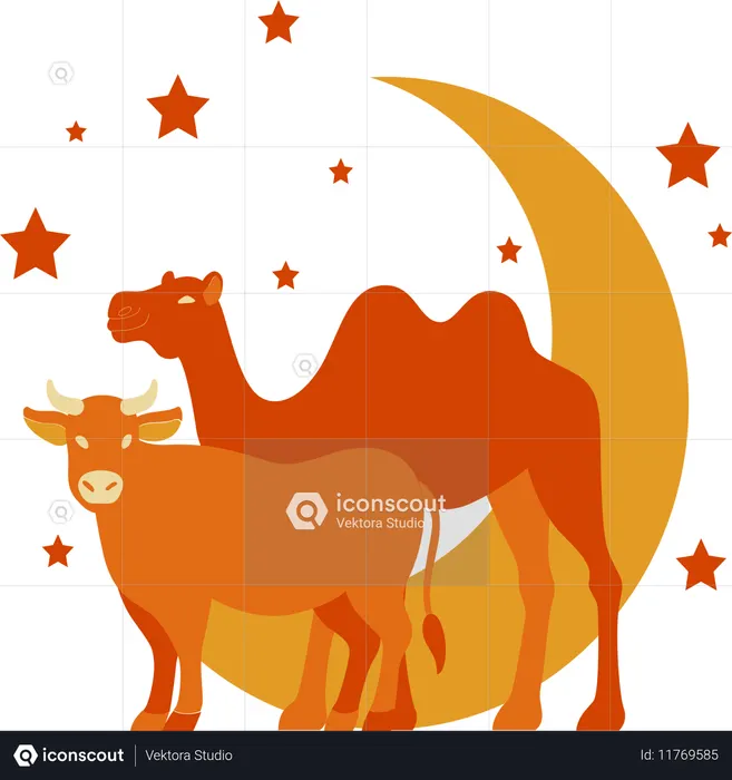 Camel and cow with moon  Illustration