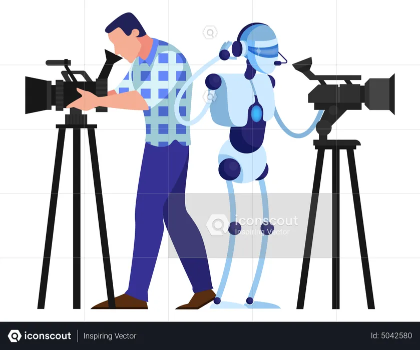 Cameraman shooting video with robot  Illustration