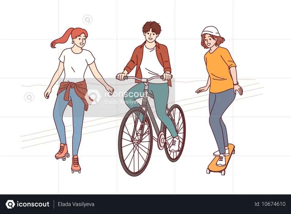 Caminhada de verão de amigos alegres usando patins e bicicleta  Ilustração