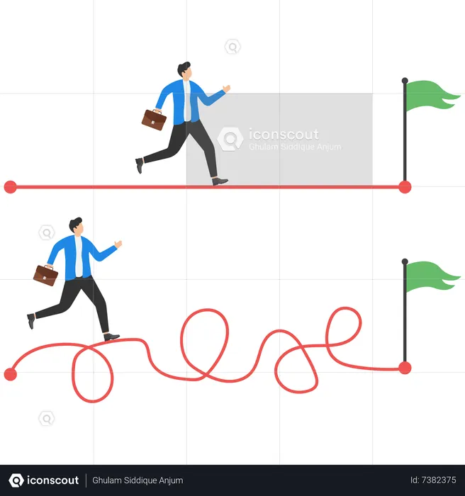 Caminho de atalho para obter sucesso nos negócios ou caminho difícil e obstáculo  Ilustração