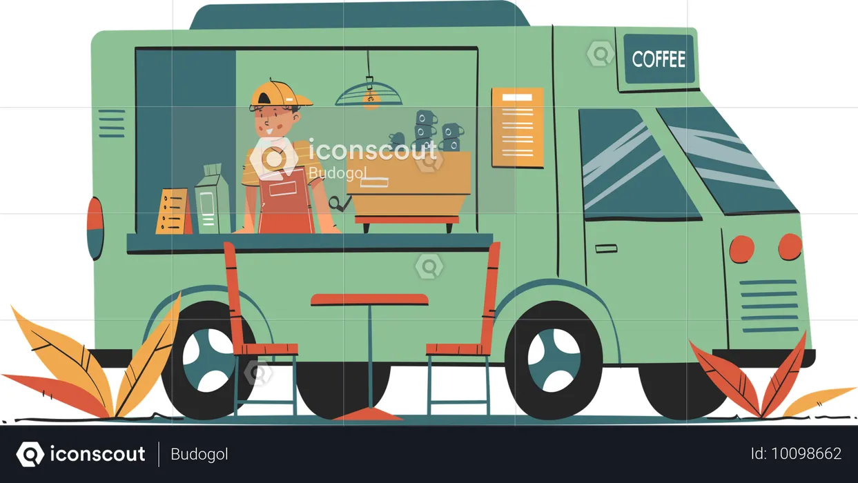 Camion de café avec barista  Illustration