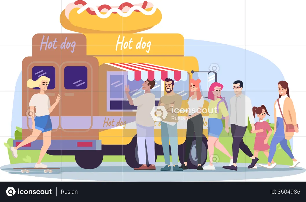 Camión de comida para perros calientes  Ilustración
