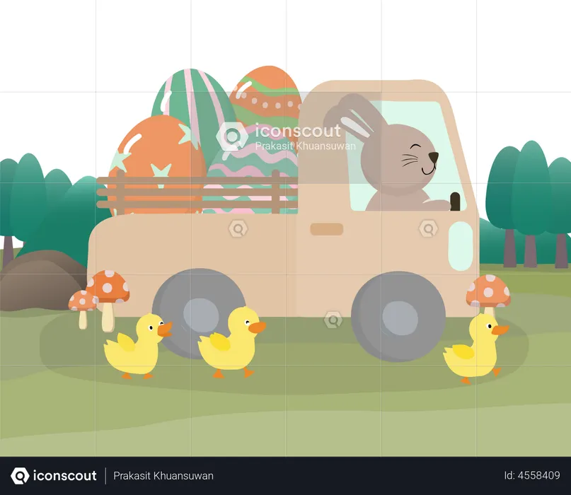 Camion de conduite de lapin mignon avec oeuf de Pâques  Illustration