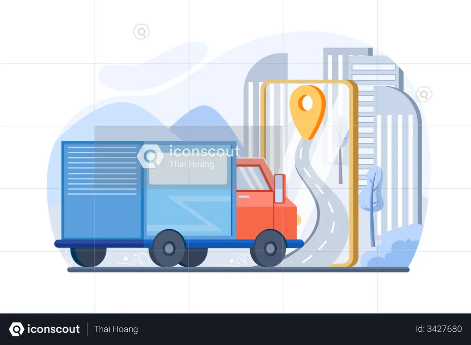 Camión de reparto haciendo entrega de paquetes  Ilustración