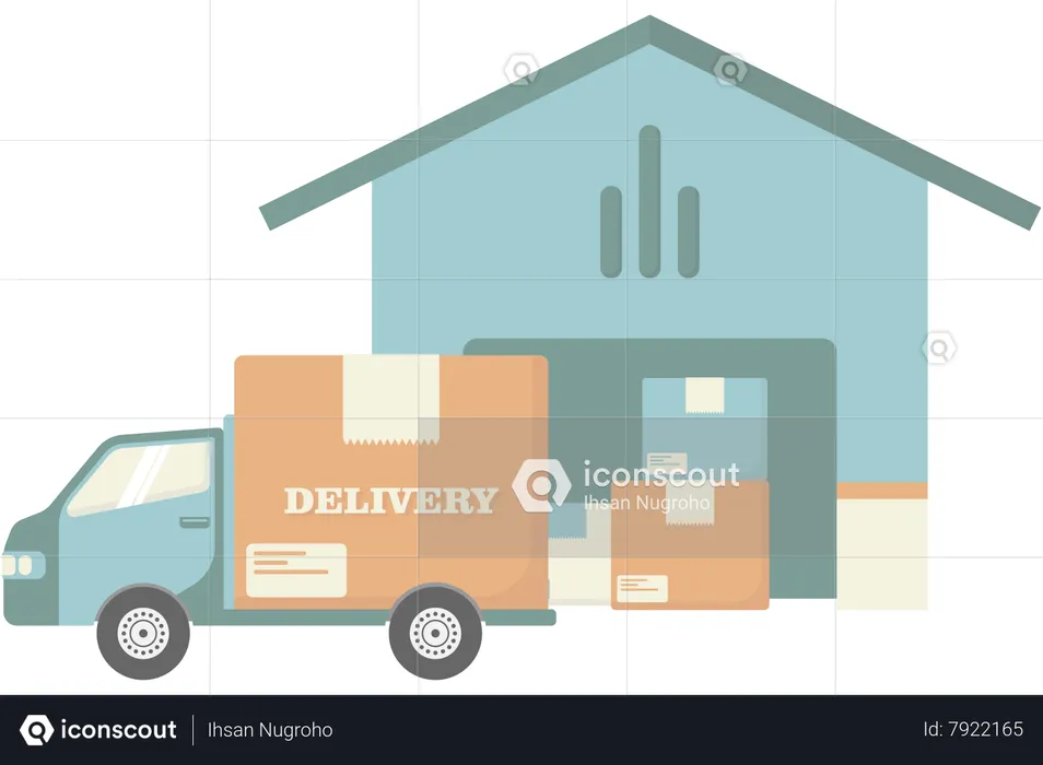 Camión de reparto y almacén de mercancías  Ilustración