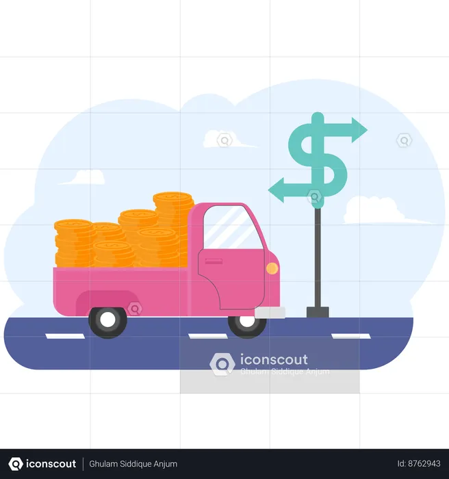 Transporte en camión de dinero en dólares en la parte trasera de la carretera  Ilustración