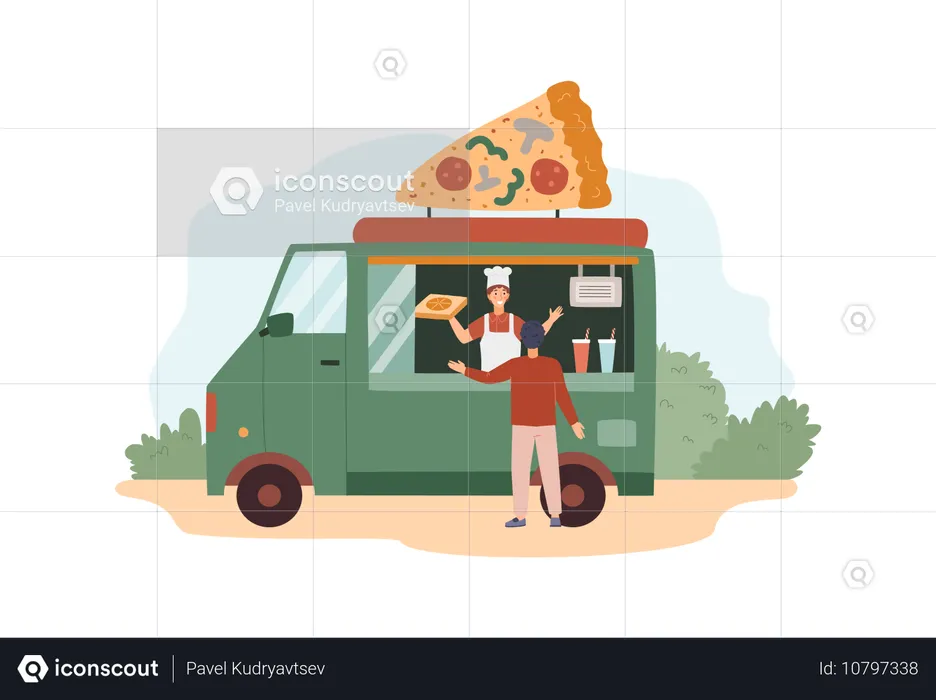 Camion vert de restauration de rue vendant des pizzas et des boissons dans une illustration vectorielle de style plat  Illustration