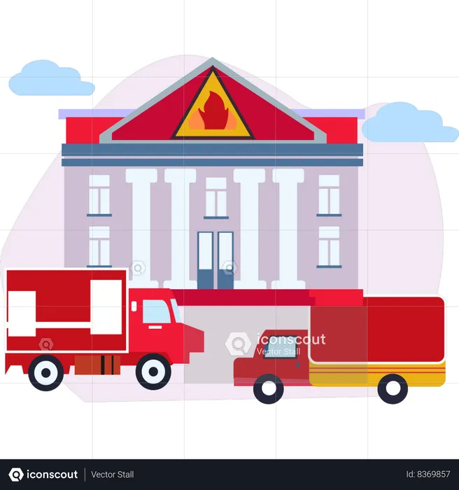 Camiones de bomberos estacionados fuera del edificio de bomberos.  Ilustración