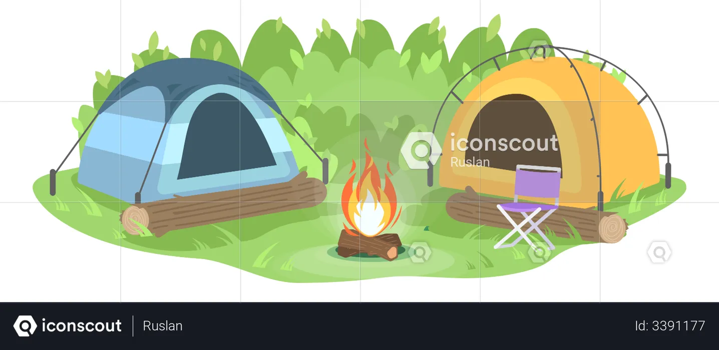 Camp in forest with bonfire  Illustration