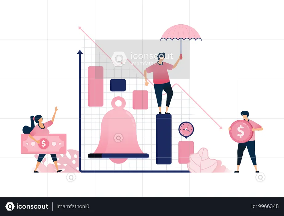 Campainha tocando para lembrete de gráfico de barras para aumento e diminuição de vendas  Ilustração