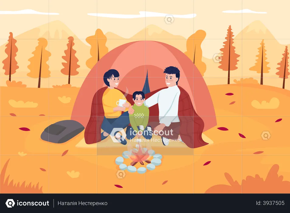 Camping familiar durante el otoño  Ilustración