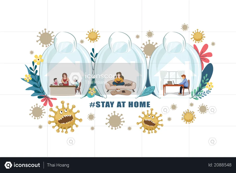 Campaña de concientización sobre quédate en casa en las redes sociales.  Ilustración
