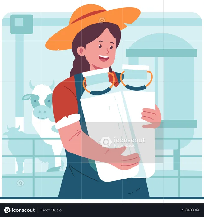 Agricultora llevando latas de leche  Ilustración