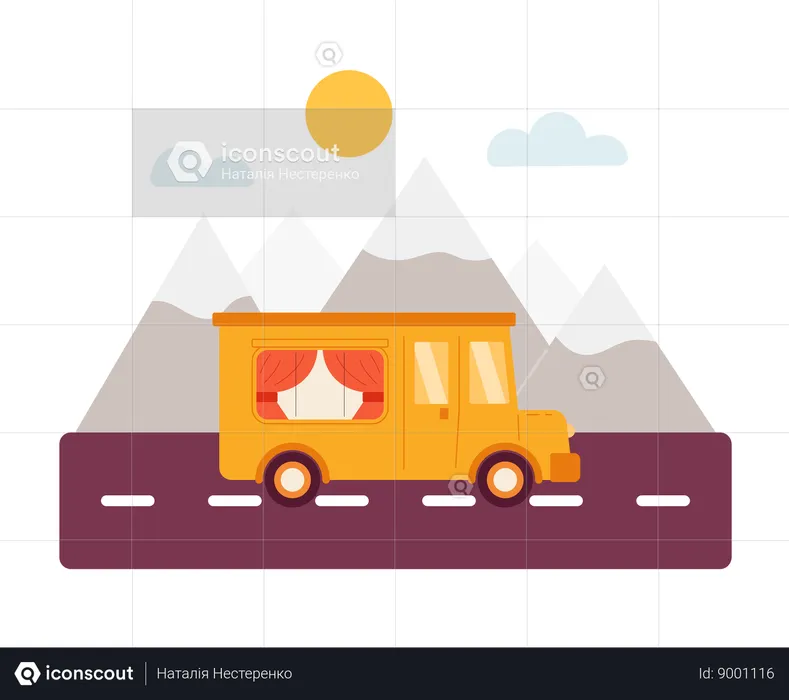 Camping bus riding to mountains  Illustration