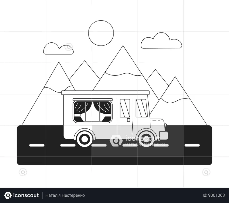 Camping bus riding to the mountains  Illustration