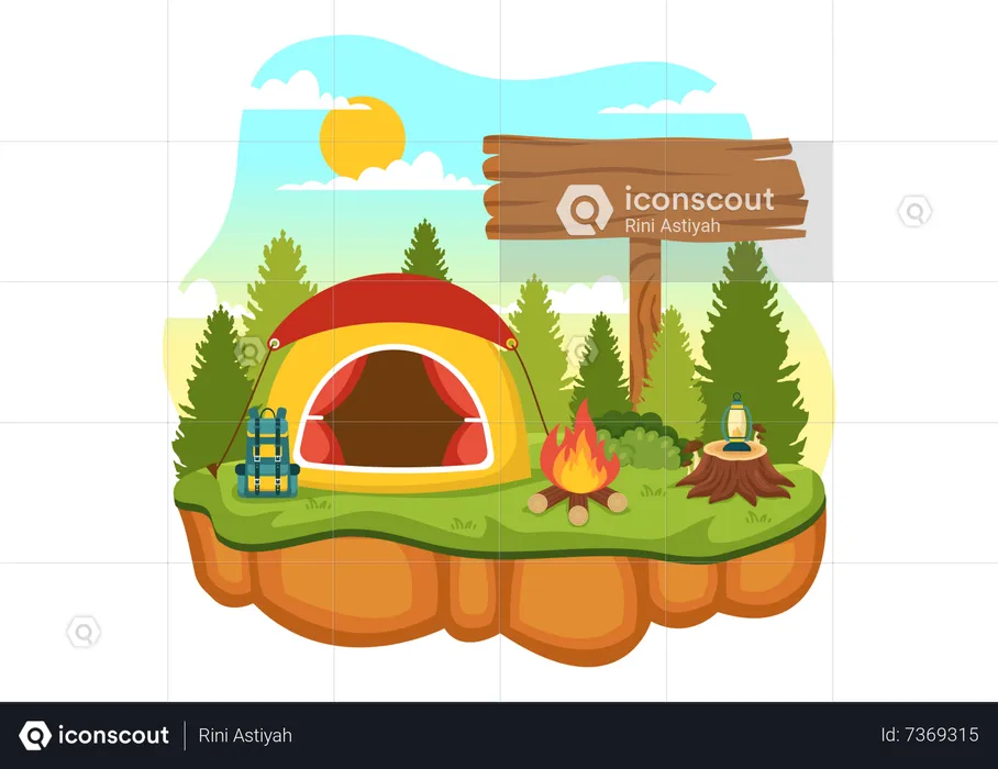 Camping et voyages en vacances avec des équipements tels qu'une tente  Illustration