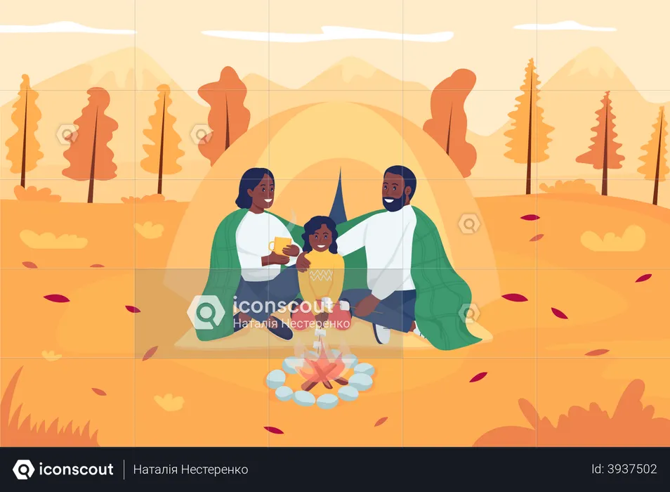 Camping familiar en otoño  Ilustración