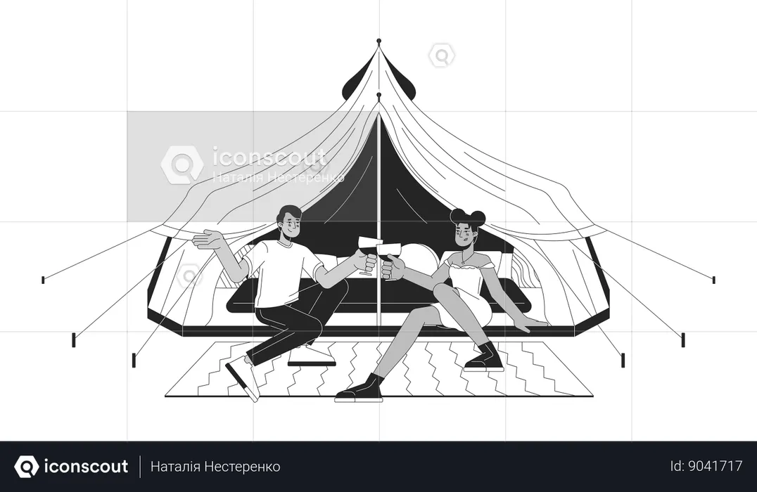 Camping romantic couple clinking wineglassess  Illustration