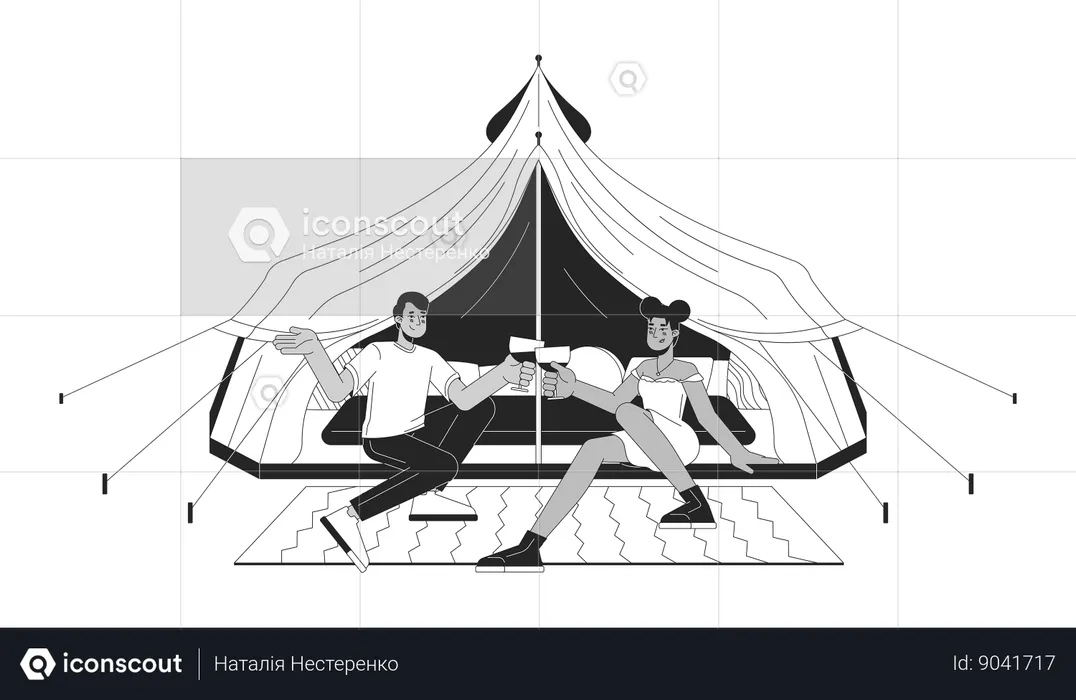 Camping couple romantique tintant des verres à vin  Illustration