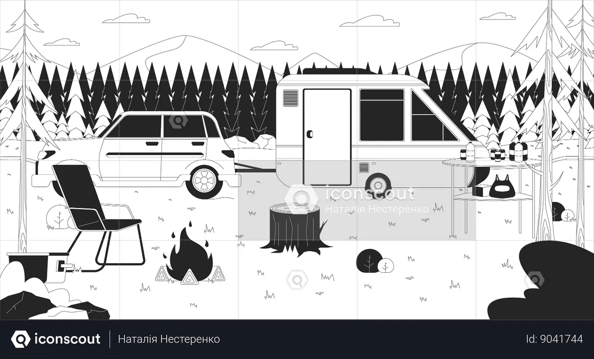 Camping trailer in forest  Illustration