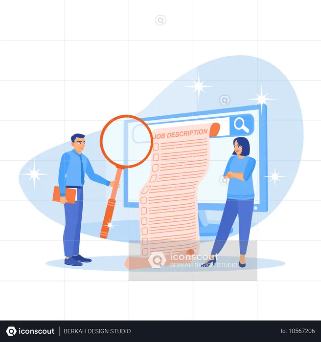Candidato a emprego verificando a descrição do cargo no computador e encontrando a posição de trabalho certa  Ilustração