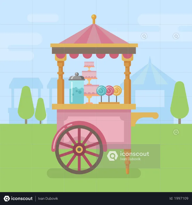 Candy cart in the garden  Illustration