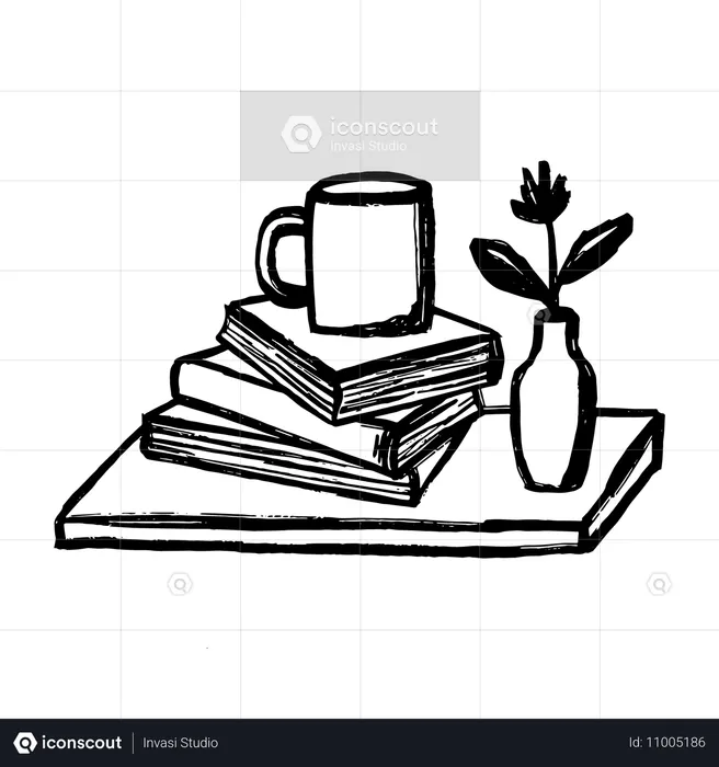 Caneca e flores colocadas sobre pilha de livros  Ilustração