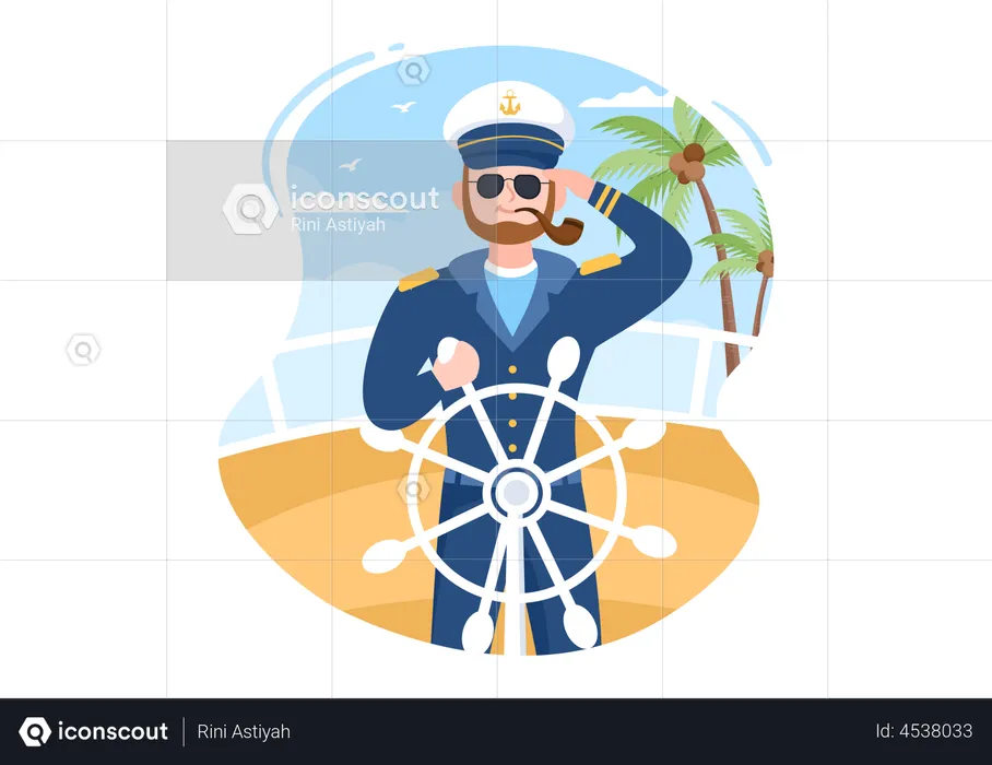 Capitán navegando en barco  Ilustración
