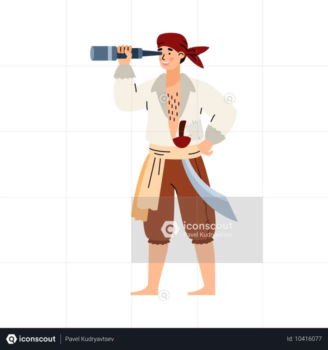 Captain buccaneer in pirate costume with saber in belt looks through a telescope  Illustration