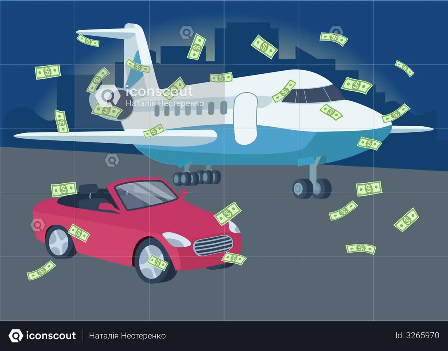 Car and plane with money rain  Illustration