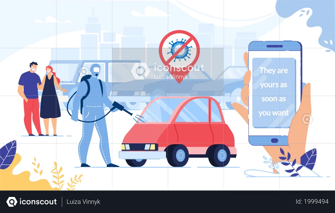 Car Buying, Renting via Smartphone on Quarantine  Illustration