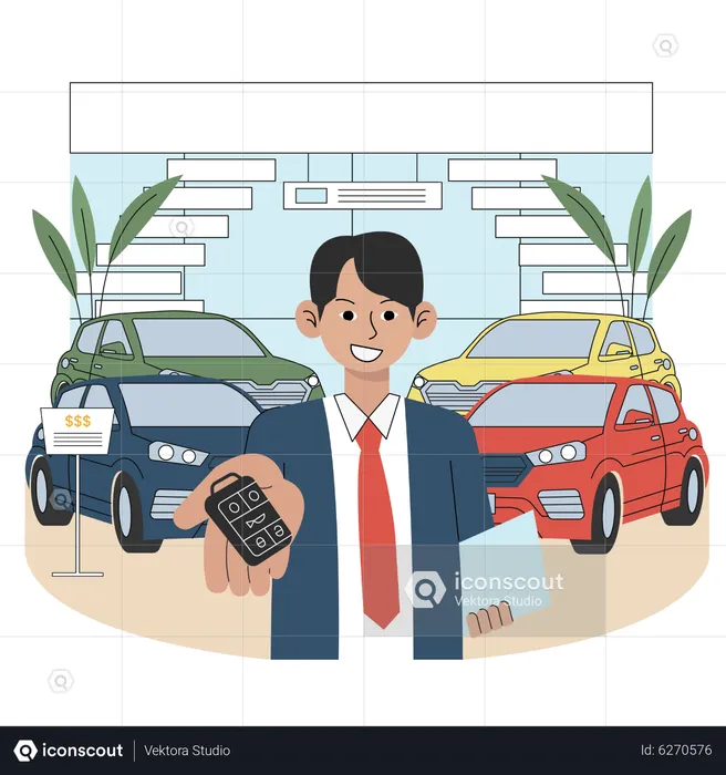 Car dealer handing keys  Illustration