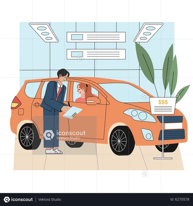 Car dealer showing car features to customer  Illustration