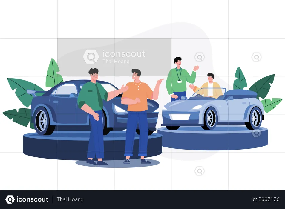 Car Dealer showing car to customers  Illustration