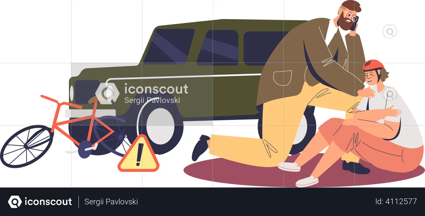 Car Driver checking injured bicycle owner on road  Illustration