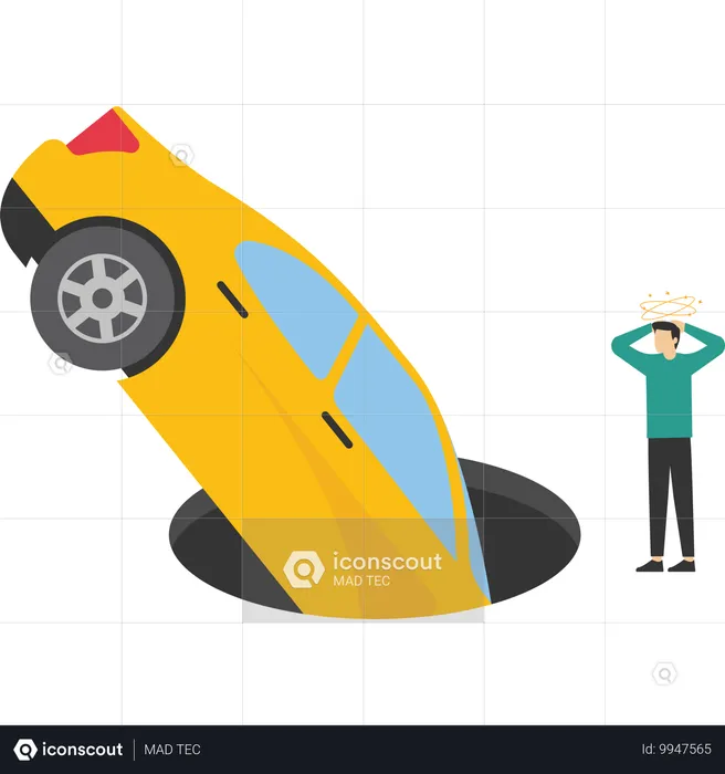 Car fell into pit on road  Illustration