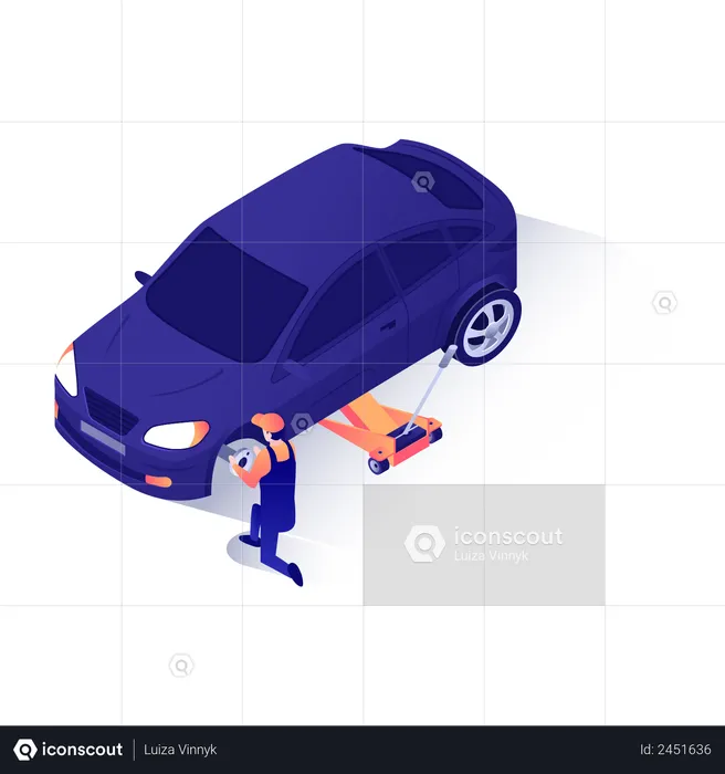 Car mechanic changing car tire  Illustration